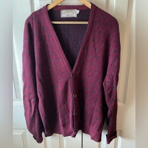 VINTAGE GRANBY CLUB COLLECTION Burgundy Geometric Cotton Grandpa Cardigan L